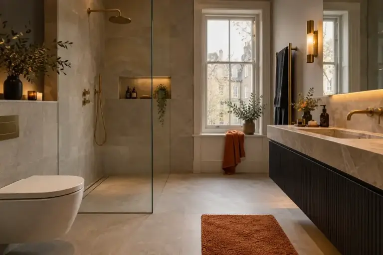 Modern bathroom with walk-in shower and stone vanity