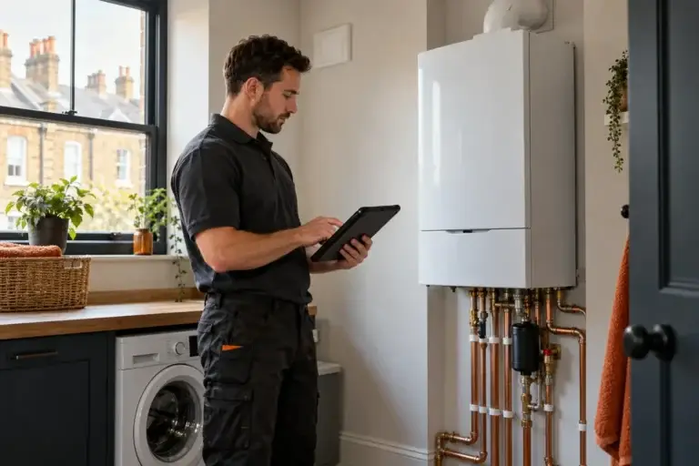 Engineer checking a wall-mounted combi boiler