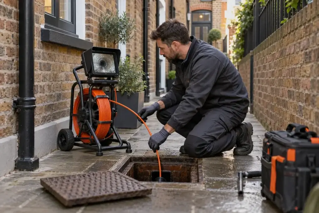 Drain camera being fed into an outside drain