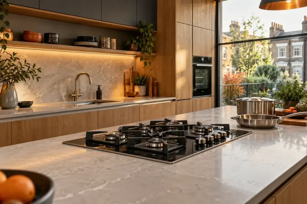 Gas hob fitted into a stone kitchen worktop