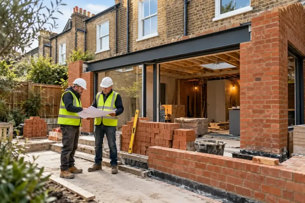 Builders reviewing plans at a rear extension