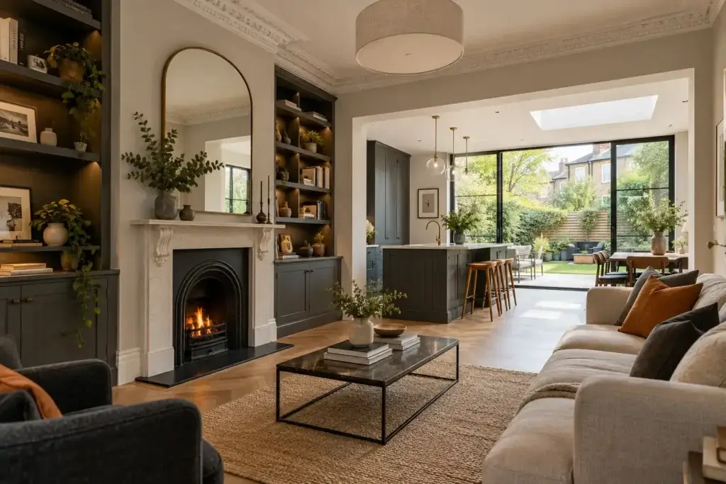 Renovated open-plan living room and kitchen