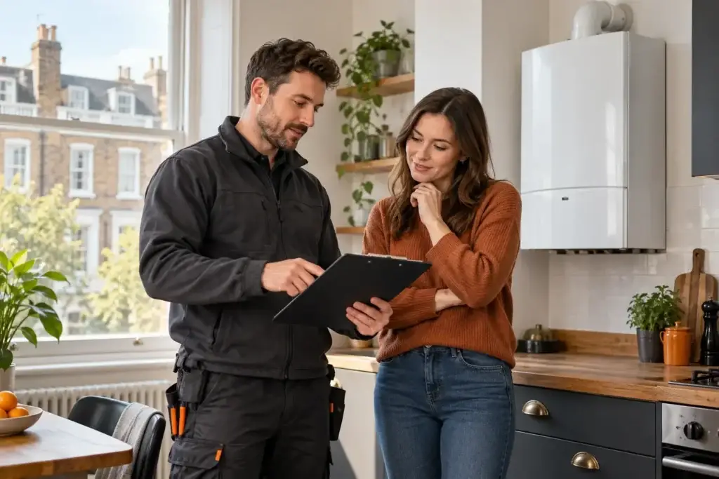 Engineer discussing a boiler check with a tenant