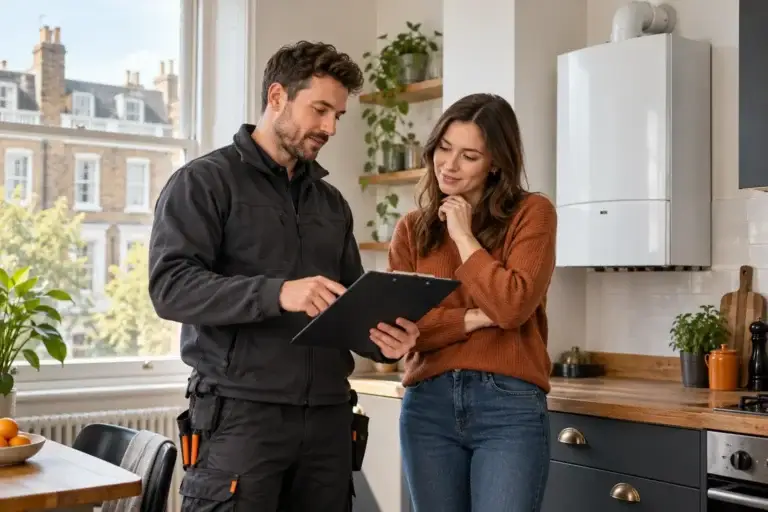 Engineer discussing a boiler check with a tenant