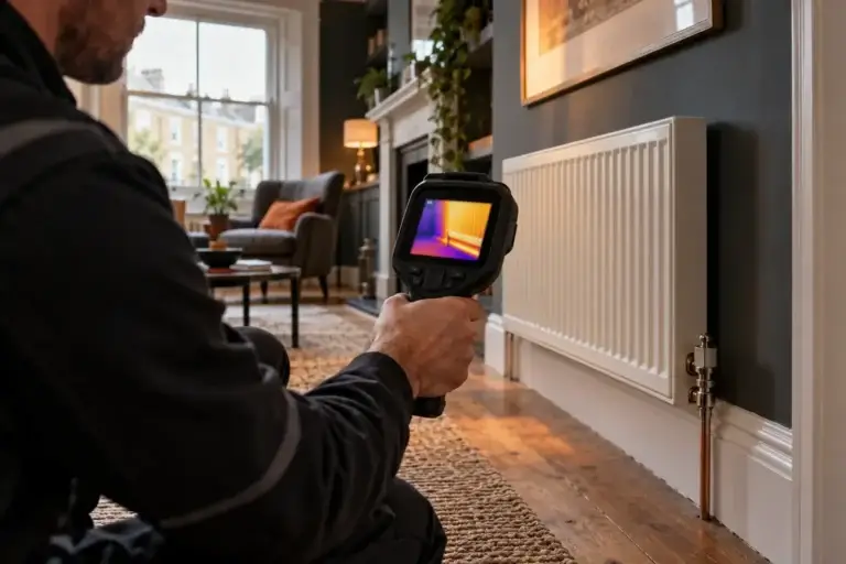 Thermal imaging camera used to check a radiator