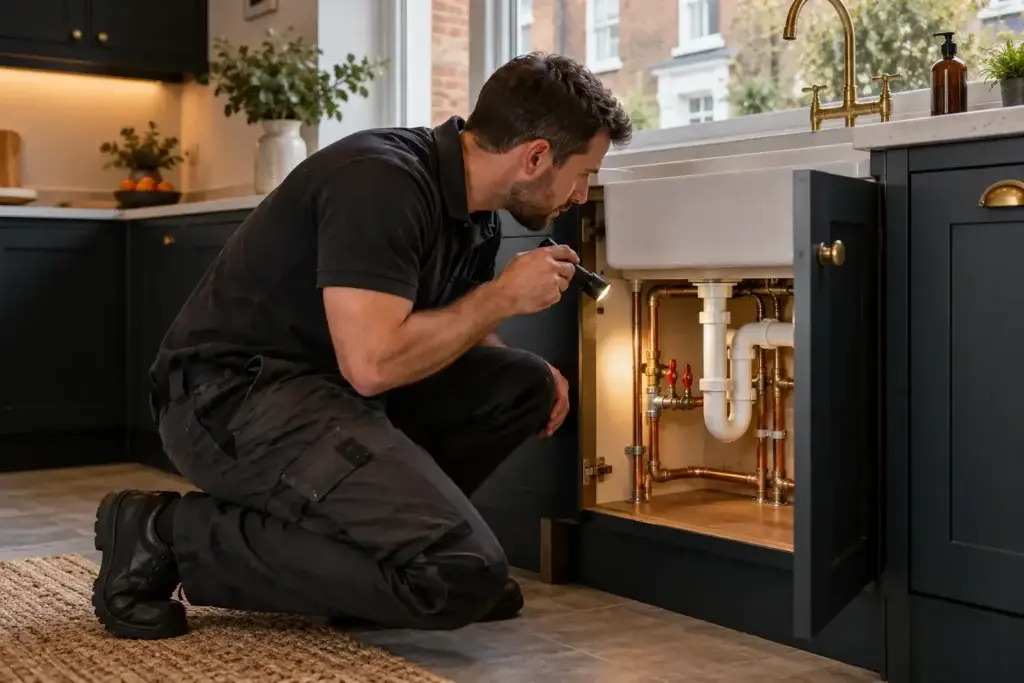 Plumber inspecting pipework under a kitchen sink