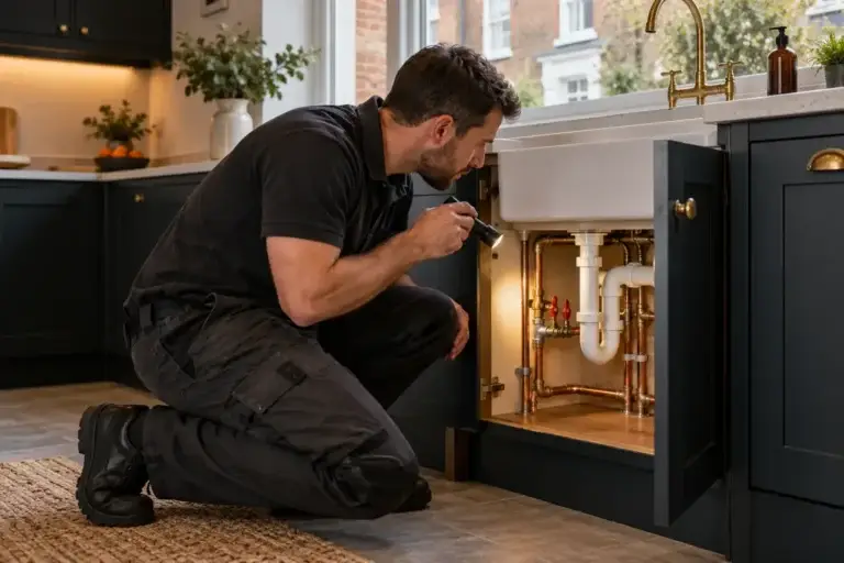 Plumber inspecting pipework under a kitchen sink