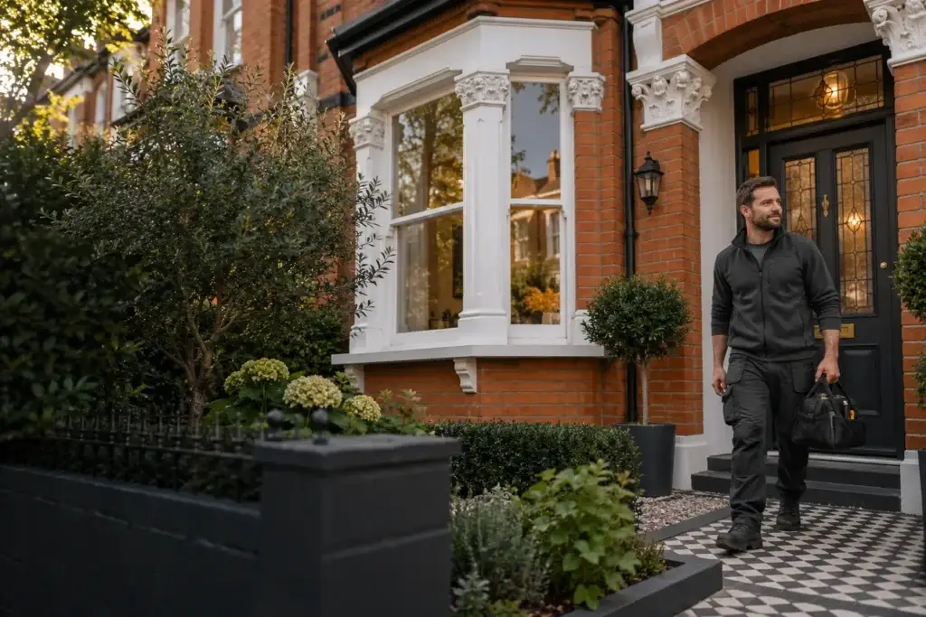 Plumbing and heating engineer outside a Victorian terraced house