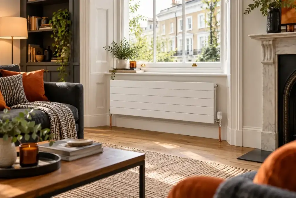 White radiator beneath a sash window in a living room