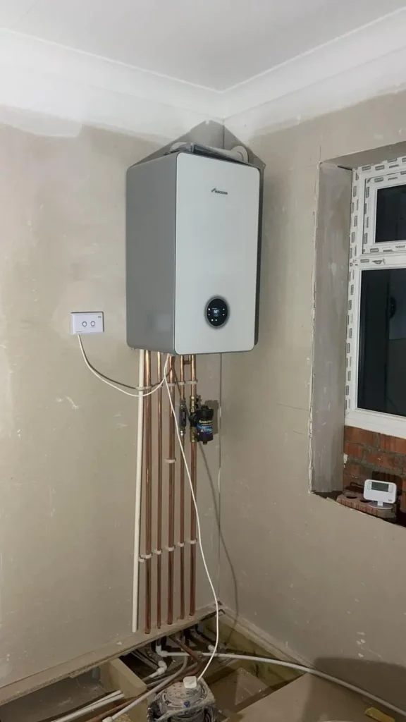 Newly installed Worcester Bosch combi boiler with copper pipework